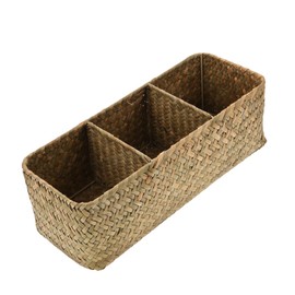 Zerodeko Handwoven Storage Organizer Box Natural Three Compartment Woven Basket for Cosmetics Portable Table Basket Storage for Home Office Clutter Management