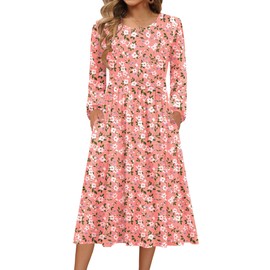 Zeagoo Plus Size Midi Womens Fall Dresses 2025 Long Sleeve Dress Bohemian Floral Print Sundress with Pockets
