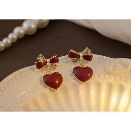 Unbranded Deep Red Heart And Golden Bow With Pearls Drop Earrings Valentines Day Gift