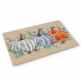 Fall Thanksgiving Doormat, Watercolor Orange Blue White Pumpkins Eucalyptus Rustic Door Mat, Indoor Non-Slip Mats Washable Door Mats Floor Mat Rug for Entryway Bathroom Kitchen Bedroom 16" x 24"