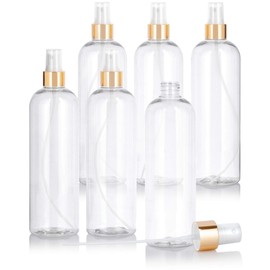 JUVITUS 16 oz / 500 ml Clear Plastic PET Slim Cosmo Round Bottle (BPA Free) with Gold Fine Mist Spray (6 pack)