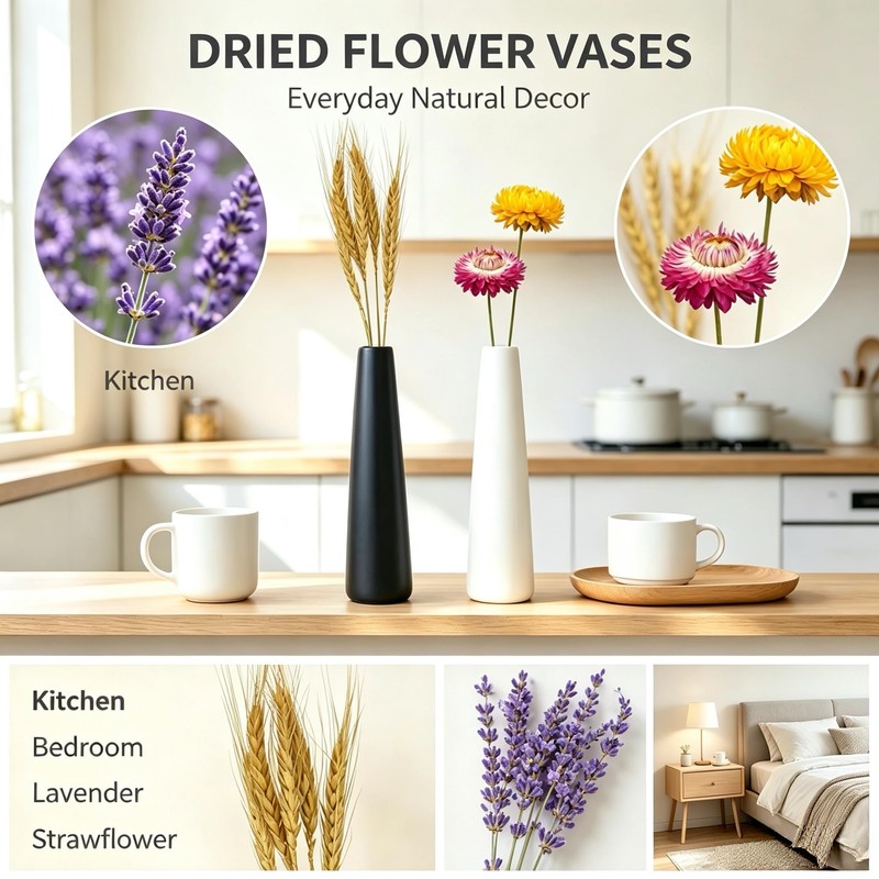 2‑Pack Shatter‑Resistant Vase Set with Natural Dried Flowers, Black and