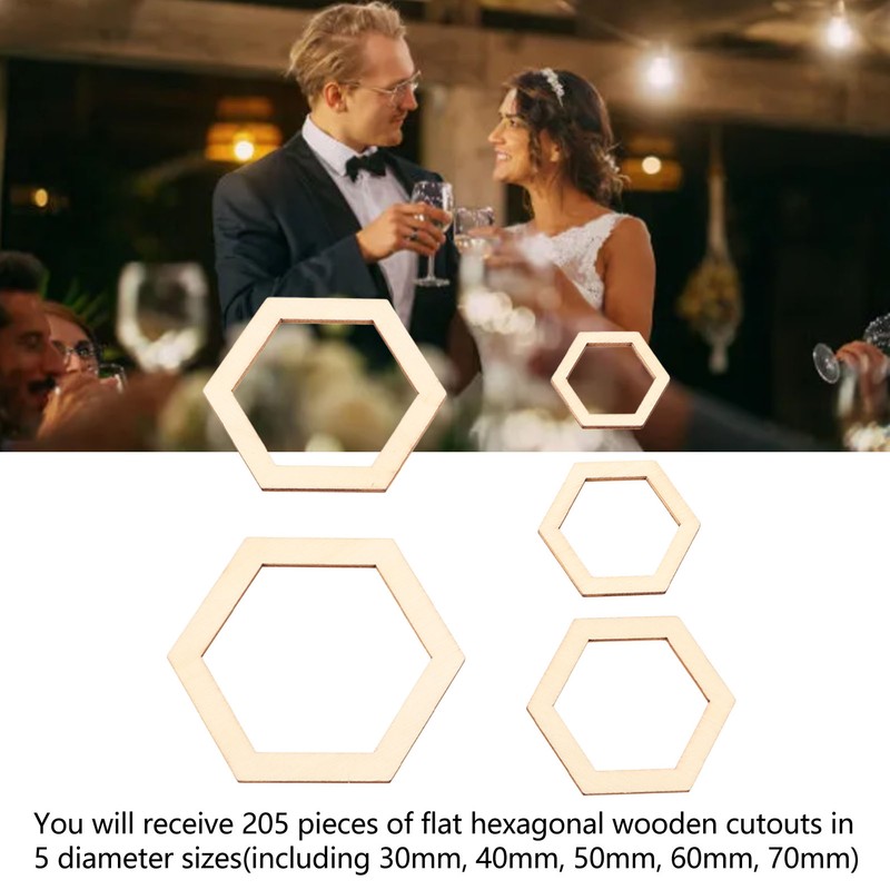 205Pcs Hexagonal Wooden Cutouts 5 Sizes Light Durable Odourless Blank