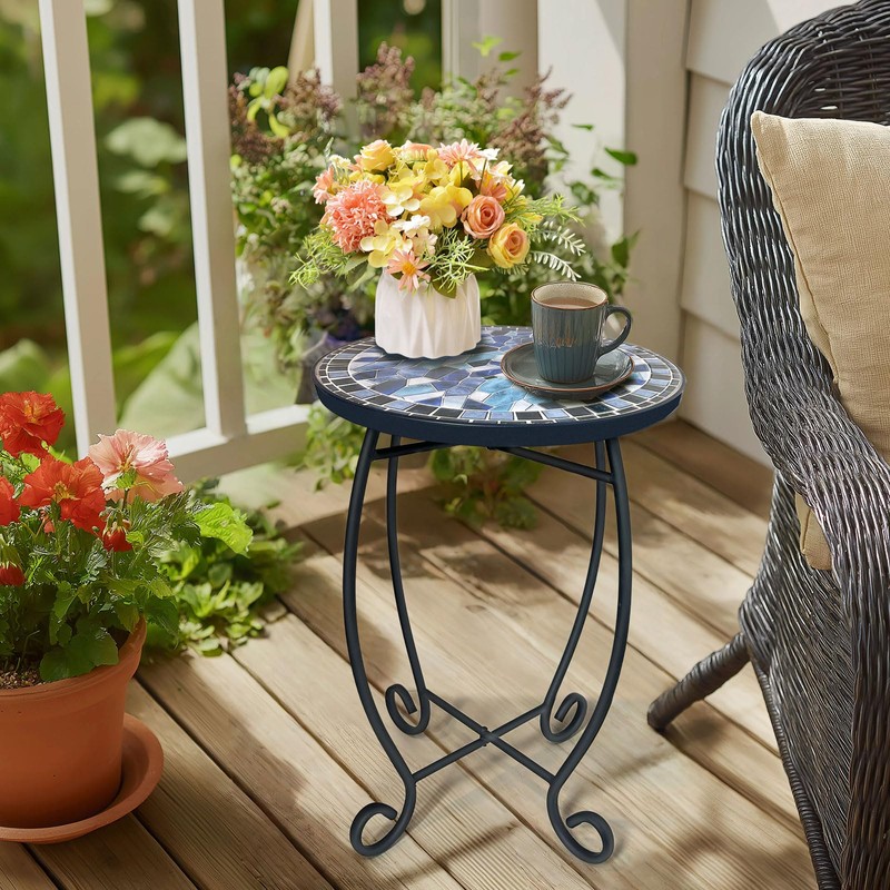 LIFFY Outdoor Side Table,12" Round Ceramic Tile Tabletop Accent Table