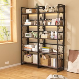 VECELO Folding Bookshelf,5 Shelf Bookcase No Assembly, Industrial Metal Frame Shelves Rack Organizer for Living Room, Office,Walnut 2 Set