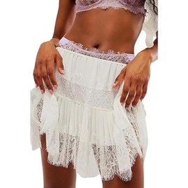 Women's Y2k Lace Half Slip Skirt Low Rise Pleated Ruffle LaceTrim Mini Skirt Layered Flowy Short Skirts Underskirt (White, M)