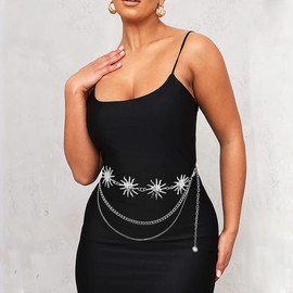HIQUACC Metal Waist Chain Body Belly Belt Chains Jewelry Accessories for Women Girls (Sun Silver-XL)