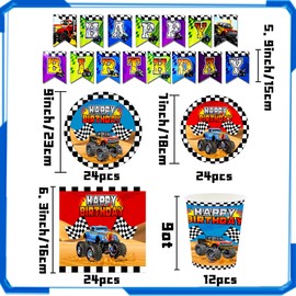 85 PCS Monster Truck Birthday Banner Monster Truck Party Plates and Napkins Smash And Crash Decoration Monster Truck Party Supplies Derby Birthday Decorations