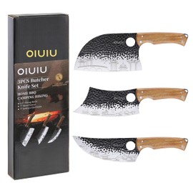 OLULU 3PCS Butcher Knife Set, 7" Butcher Meat Cleaver, 7" Serbian Chef Knife and 6.5" Viking Knife, Kitchen Knife Set with wood Handle, Great for Indoor & Outdoor (Unique Pattern)