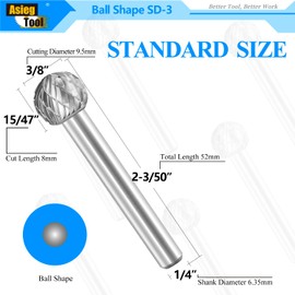SD-3 Tungsten Carbide Burr Rotary File Ball Shape Double Cut for Die Grinder Drill Bits 1/4'' Inch Diameter of Shank and 3/8'' Inch Diameter of Cutter 15/47'' Inch Cutter Length