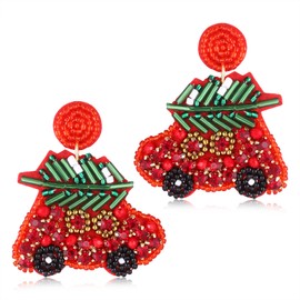 BSJELL Christmas Earrings for Women Beaded Christmas Tree Truck Cactus Bell Drop Dangle Earrings Xmas Festive Holiday Earring Gift(Red Car)