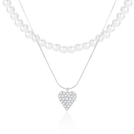 Layered Pearl Necklaces for Women - 16K Gold Plated Love Inlaid Zircon Pendant Choker Dainty Necklace Jewelry