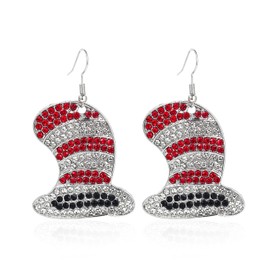 Rhinestones Dr. Seuss Day Dangle Earrings Shiny Crystal Red Hat Earrings Graduation Back to School Gift for Teacher Student Librarian(Red Hat)