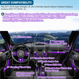 Opall 18 PCS Full Set Interior Decoration Trim Kit,Interior Door Handle Cover Trim,Copilot Handle Cover Trim,Air Conditioning Vent Cover Trim, for Jeep Wrangler JK JKU 2011-2018 4-Door (Purple)