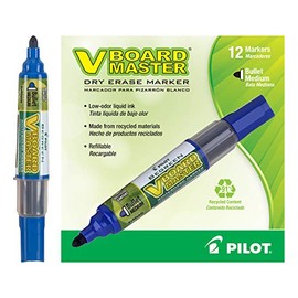 PILOT V Board Master Refillable Dry-Erase Markers, Bullet Tip, Blue Ink, 12 Count