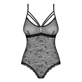 Obsessive Adorable Bodysuit Made of Fine Transparent Mesh with Rose Motif, Black (Large/X-Large)