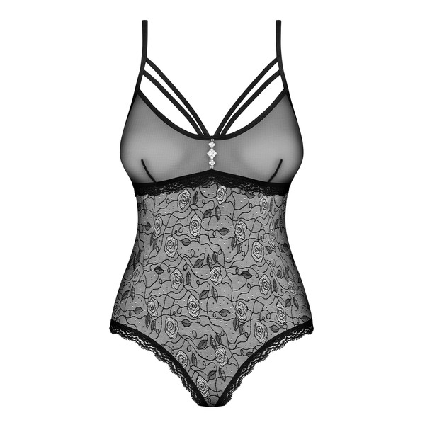 Obsessive Adorable Bodysuit Made of Fine Transparent Mesh with Rose