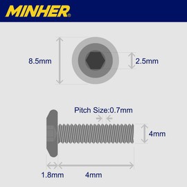 MINHER M4 x 4mm 10Pcs Flat Head Hex Socket Cap Screws Bolts, Furniture Bolts, 304 Stainless Steel 18-8, Full Thread (with Hex Spanner)