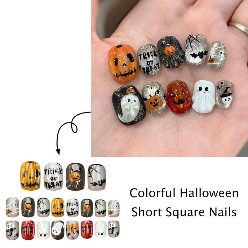 Halloween Press on Nails Short Square Nails Press on Black