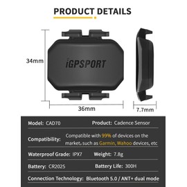 iGPSPORT CAD70 Cadence Sensor, Bluetooth ANT+ Bike Computer Wireless Waterproof Cycling Sensor, IPX7 Waterproof, Compatible with GPS Bike Computer/Zwift/UA Run/Openrider/Wahoo