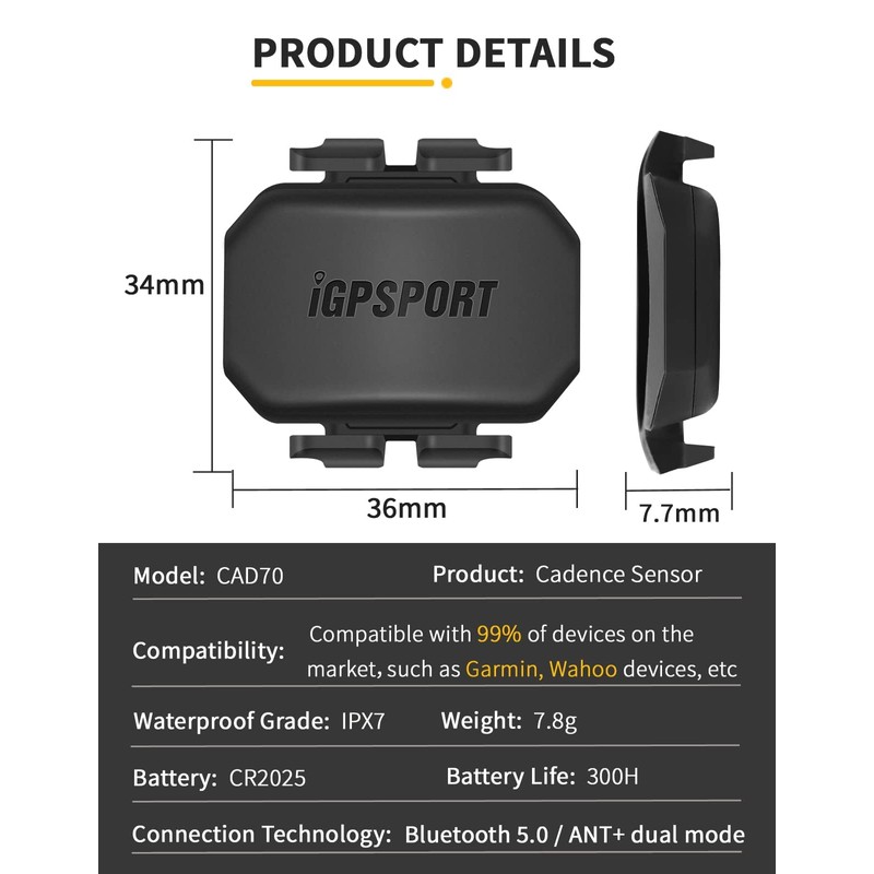 iGPSPORT CAD70 Cadence Sensor, Bluetooth ANT+ Bike Computer Wireless Waterproof