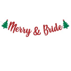 Merry & Bride Banner - Christmas Bridal Shower Decor, Xmax Holiday Wedding Engagement Bachelorette Party Decorations Red Glitter