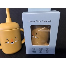 Silicone Baby Sippy Cup with Straw, Yellow Cat Design, BPA-Free, Double Handle