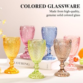 TrophyToast Colored Vintage Wine Glasses Set of 6 – 10.5 Ounces Colored Glass Water Goblets, drinking glasses for Christma, Wedding, Holiday, or Fancy Glassware for everyday