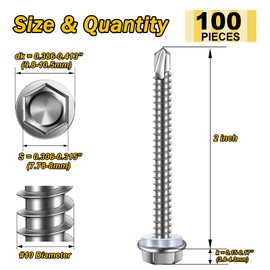 Mywish 100pcs #10×2" Self Tapping Screws for Metal, 410 Stainless Steel, Hex Washer Head Self Drilling Screws, High-Strength Self Tapping Screws