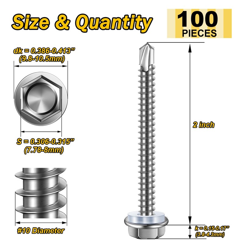 Mywish 100pcs #10×2" Self Tapping Screws for Metal, 410 Stainless