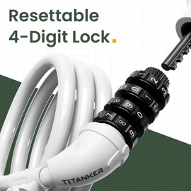 Titanker Bike Lock, Bicycle Lock 4 Feet Cable Lock 1/2 Inch Resettable Bike Locks Combination with Mounting Bracket, Bike Accessories for Bicycle, Electric Scooter, Motorcycle, White