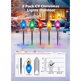 2 Pack Jumbo Lights C9 Christmas Pathway Lights Outdoor - 10.5 Feet 5 Lights Strawberry C9 Walkway Lights, C7 Lights Covered Jumbo Multicolor Light Bulb Outdoor Decorations for Lawn Garden Outside