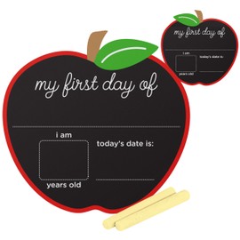 Pearhead First and Last Day of School Chalkboard, Reusable Apple-Shaped Double-Sided Fill-In Board with Yellow Chalk, Perfect Photo Prop for School Milestones