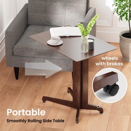 YANEVA Premium Bamboo Coffee Small Side Table Wheels - C Table End Table- Sofa Table & Couch Table that Slide Under- Small End Table- C Shaped Side Table- Laptop Stand Couch-Rolling Tv Tray for Eating