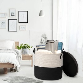Echueuey XXXXL Extra Large blanket basket with lid 21"x21"x18" blanket storage for living room,Large woven storage basket round laundry basket rope basket 115L Black