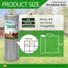 GMOTLSE Hardware Cloth 1/4 inch 23 Gauge Large Size 304 Stainless Steel mesh Chicken Wire Fencing Wire Mesh Roll Welded Wire Fencing Garden Fence 40in×49ft