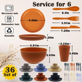 Wheat Straw Dinnerware Set, 36pcs Dishes Plates and Bowls Sets, Service for 6, Reusable Dinnerware Set Kitchen Cups Plates and Bowls Sets
