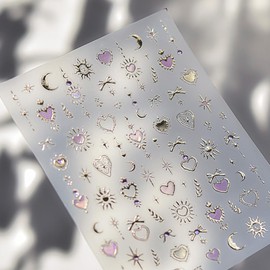 PrettyDiva 5D Embossed Love Heart Moon Star Nails Art Stickers for Valentine's Day, Gold Self-Adhesive Pink Love Heart Nails Decals Sticker with Rhinestone Nail Art Decoration