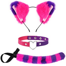 Kavoc Pink and Purple Striped Cat Costume for Girls Women World Book Day Cosplay Accessories Include Cat Ears Furry Tail and PU Choker
