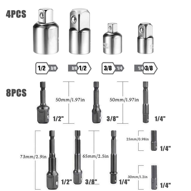 Copechilla 8pcs Hex Shank to Square Socket Drill Socket Adapter