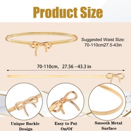 Classicseali Women's Gold Metal, Bow Belt Metal for Women, Gold Belt Lady for Dress with Bow, Belt Women Gold, Stretchy Bow Belt for Jeans, Dresses