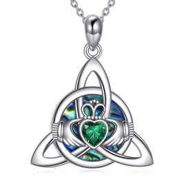 Dralox Celtic Knot Birthstone Necklace for Women, S925 Sterling Silver Colored Gemstone Trinity Love Knot Pendant with Claddagh Triquetr Birthday Anniversary Irish Jewelry Gifts for Her