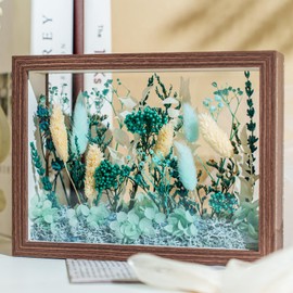 Eternal Greenery, Preserved Greenery, Wooden Frame Greenery, Acrylic Dome Decor with Wooden Base, Gift for Birthdays, Anniversaries, Weddings, Thanksgiving, Christmas, Mother’s Day (Blue Greenery)