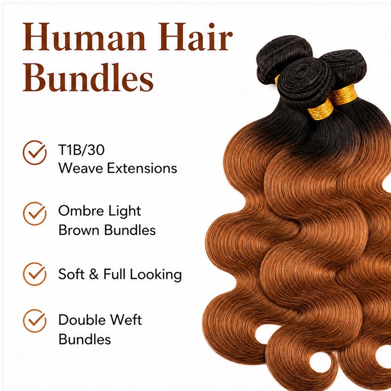 T1B/30 Ombre Light‑Brown Body‑Wave 3‑Piece Hair Bundles, 18‑20‑22 Inches