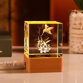 LONGWIN 3D Crystal Humming Bird Gifts for Women Led Night Light, Glass Laser Engrave Humming Bird Ornament 50mm Cube Gifts for Mom Girlfriend Birthday Valentines Day Mothers Day