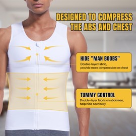 PODFAN Mens Compression Zipper Vest,Gynecomastia Tummy Control Shirt,Back Support Shapewear Slimming Undershirt(White,Large)