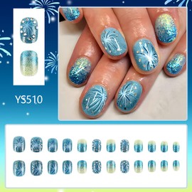 FIEONCIY Press on Nails Square Short Length Glossy Full Cover Acrylic Short Square Shaped False Nails with Designs Artificial Fake Nails Glue ons Fingernails for Women Girls(YS510)