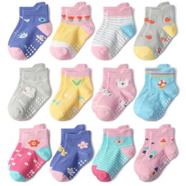 Skibeaut Toddler Ankle Socks - 12 Pairs Kids Grips Low Cut Non Slip Cute Socks with Grippers for Boys Girls for 5-7 Years Child