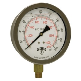 Winters PFQ Series Stainless Steel 304 Dual Scale Liquid Filled Pressure Gauge with Brass Internals, 0-200 psi/kpa,4" Dial Display, 1.5% Accuracy, 1/4" NPT Bottom Mount
