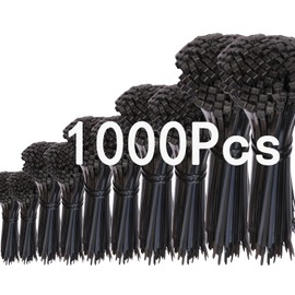 1000 Piece Black Cable Ties Set 100/150/200/250/300 mm, Cable Ties UV Resistant with, Cable Management Gardening Cable Ties (1000 Pieces, ZD-002)